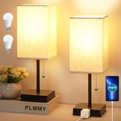 PLMMY Table Lamp for Bedroom Set of 2, Warm White Bedside Lamps with AC Outlets, Square Pull Chain Nightstand Lamp for Living Room, Office Desk, LED Bulb Included