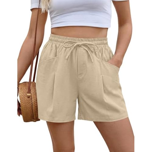 AKEWEI Linen Shorts Women Casual Wide Leg High Waisted Summer Outfits Comfy Elastic Waist Beach Shorts with Pockets Apricot Large