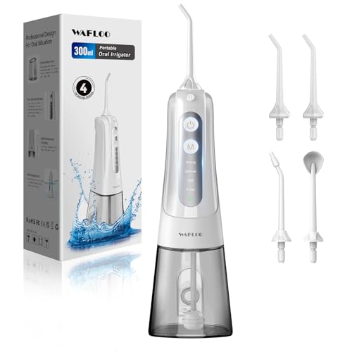 Jet Dentaire Hydropulseur, avec 4 Embouts Jet, Réservoir 300ML, Irrigateur Oral Portable avec 4 Modes, Étanchéité IPX7, Rechargeable, Nettoyage Dentaire...