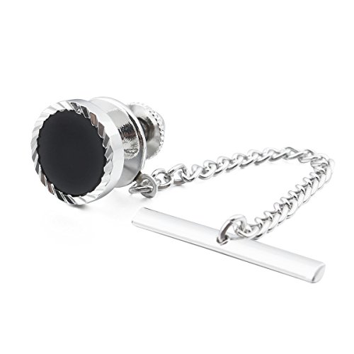 HAWSON Mens Black Tie Tack with Chain Mens Wedding Business Shirt Accessories - Silver Tone