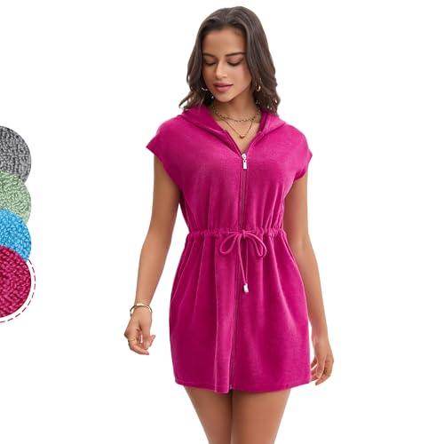 Navisting Terry Cloth Swim Cover Up for Women UPF 50+ Hooded Beach Swimsuits Cotton Robes Cover-up with Zipper Pockets Sun Protection Beach Swimwear Magenta S