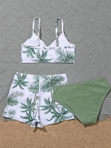 Image of Girl's 3 Piece Set Coconut Tree Print Criss Cross Bikini Sets with Cover Up Shorts Green 160