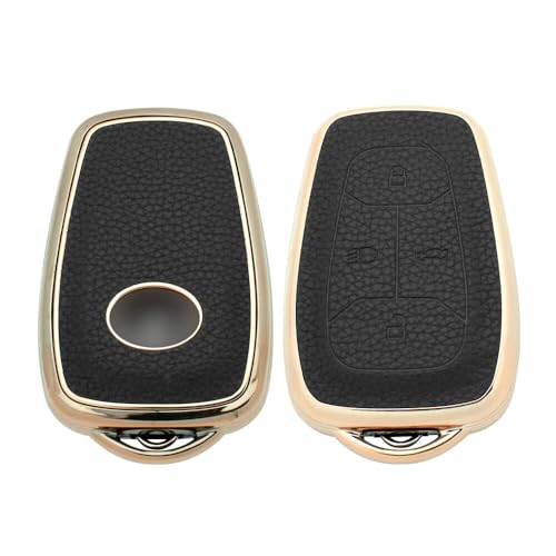 Image of keyzone litchi leather textured TPU key cover & keychain for Tata Nexon, Harrier, Safari, Altroz, Punch, Tigor smart key (Black)