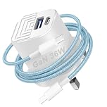 36W Super Fast Charger For Samsung Galaxy S26 S25 S24 S22 S21 S20 FE S23+ S23 Ultra with 60W USB-C Cable | USB-C PD + USB-A GaN UK Charger Plug (Blue)