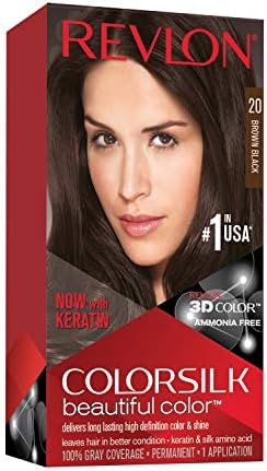 Permanent Hair Color by Revlon, Permanent Hair Dye, Colorsilk with 100% Gray Coverage, Ammonia-Free, Keratin and Amino Acids, 20 Brown/Black, 4.4 Oz (Pack of 1)