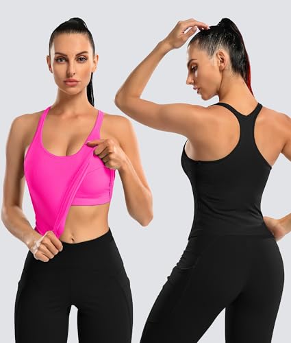 Image of ATTRACO Ribflex Ribbed Workout Crop Tops with Built in Bra for Women Yoga Racerback Tank Top Slim Fit