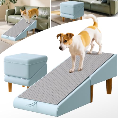 2-in-1 Foldable Dog Ramp, Removable Non-Slip Mat & Seat Cushion, for Small and Senio, Supports Up to 220 Lbs, Dog Ramp for Small Dogs are Perfect for Dogs to Climb onto Beds or Sofas.