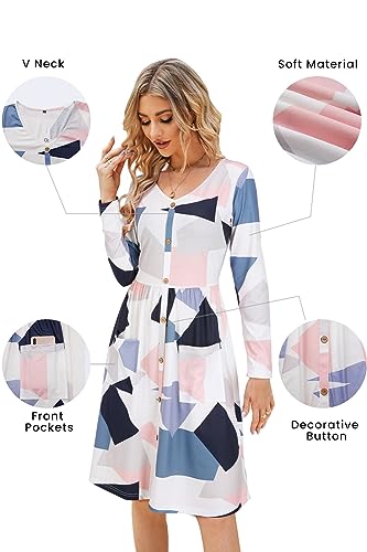 Image of OUGES Women's V Neck Button Down Skater Midi Dress with Pockets