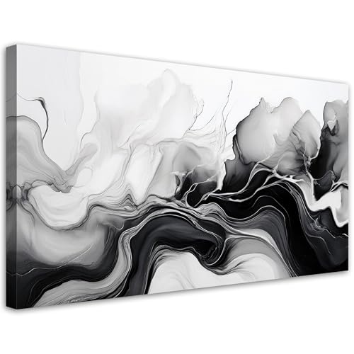 Feeby Leinwandbild - Bilder Wohnzimmer - Tinten-Abstraktion Schwarz & Weiß - 80x40 1tlg - Deko Schlafzimmer - Wanddekoration - Aesthetic - Groß Moderne Bild - Foto auf Leinwand