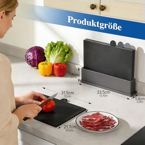Foto von MASTERTOP Schneidebrett Set 4-teilig mit Abtropfständer, Markiert mit Lebensmittelsymbolen, Spülmaschinengeeignet,BPA-frei, Hygienische Küchenbretter für Fleisch, Fisch, Obst & Gemüse