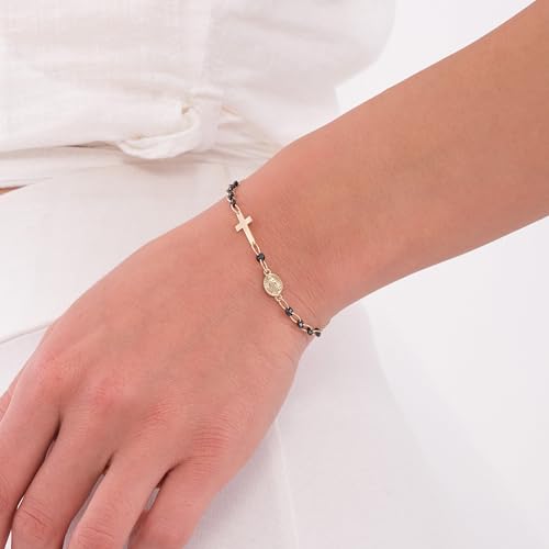Image of MIONZA Catholic Medal Cross Bracelet for Women | 14K Gold Plated or Solid Gold, Religious Rosary Jewelry, Choose Your Saint Medal Bracelet