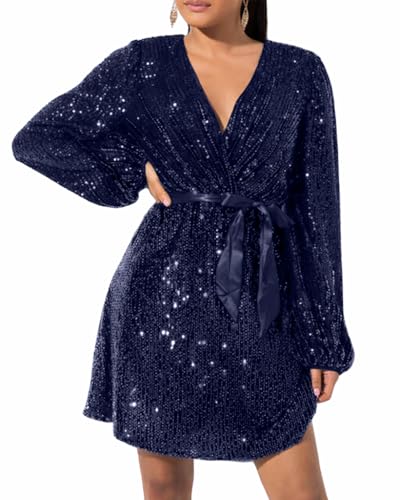 828 - Plus Size Long Sleeves Wrapped V Neck Sequins Skater Style Cocktail Evening Club Dress (Navy Blue, 4X)