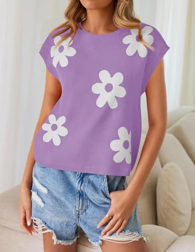 Image of ZESICA Women's Summer Trendy Knit Top 2026 Floral Print Short Sleeve Crewneck Loose Fit Sweater Vest Going Out Clothes