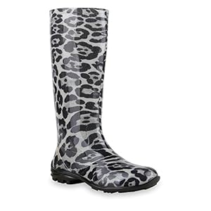 stiefelparadies Damen Schuhe Stiefel Leo Print Gummistiefel Regenschuhe Boots Profilsohle 128345 Schwarz Leopard 37 Flandell