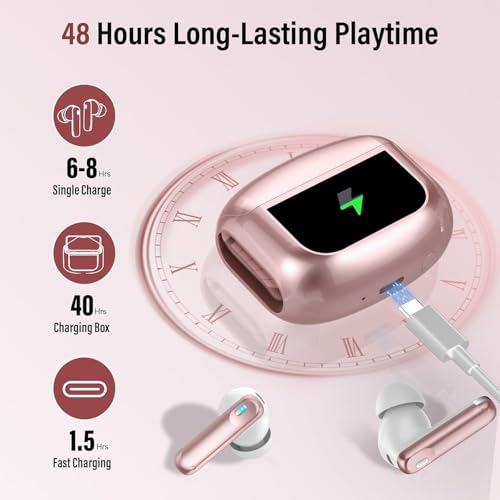 Image of Thunelec Wireless Earbuds, Bluetooth 5.4 Headphones with Multifunctional Touch Screen, 48H Bass Stereo Ear Buds with ANC /ENC Noise Cancelling /Transparency Mode, IPX7 Earphones with 5 EQ Modes, Rose