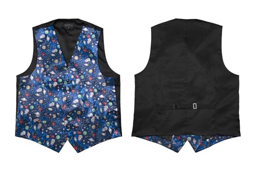 Men's Dress Vest SPACE Planets Pattern Design Navy Blue Solar System Astronaut Stars Mens Bow TIe Hanky Set2