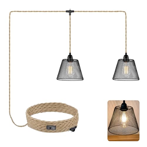 2 Flammig Hanfseil Lampe mit Stecker E27 Pendelleuchte mit 600cm Kabel und Schwarz Metall Käfig Lampenschirm Ø 20 cm Vintage Plug in Hängeleuchte Hängelampe Pendellampe Kit für Küche Wohnzimmer