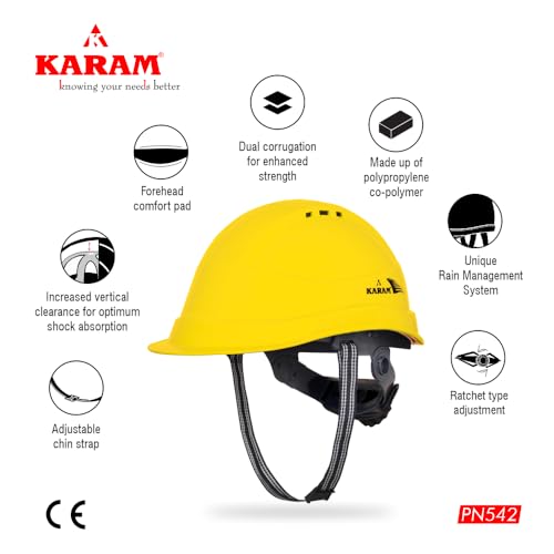 Image of KARAM PN542 Safety Helmet for Men Industrial| Ratchet Type Adjustment with Adjustable Chin Strap | Ventilation & Side Slot for Attachment | EN Certified Hard Hat | Lemon Yellow (Pack of 5)
