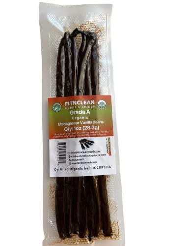 1oz. Madagascar Organic Vanilla Beans Gourmet Grade A. Certified USDA Organic 6"-7.5" by FITNCLEAN VANILLA for Cooking, Brewi