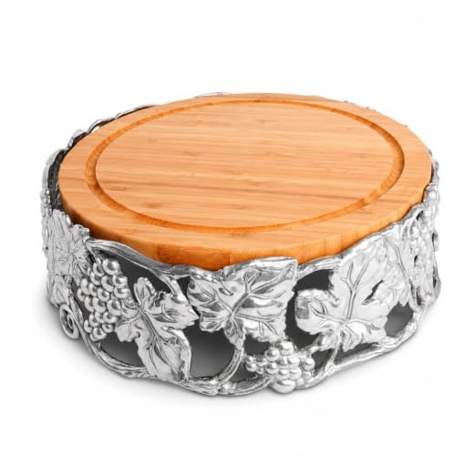 Arthur Court Grape Cheese Pedestal Serving Tray - Aluminum & Bamboo Charcuterie Platter - 13 Inch Diameter