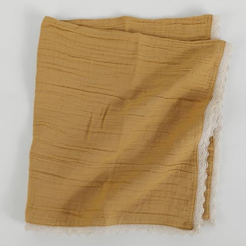Image of FINGERCRAFT Cloth Napkins Set of 8, 20x20 Inch, Soft Cotton Muslin Dinner Napkins with Lace Edge, Reusable Washable Table Napkins for Wedding, Party, Dining & Home Decor (Gold)