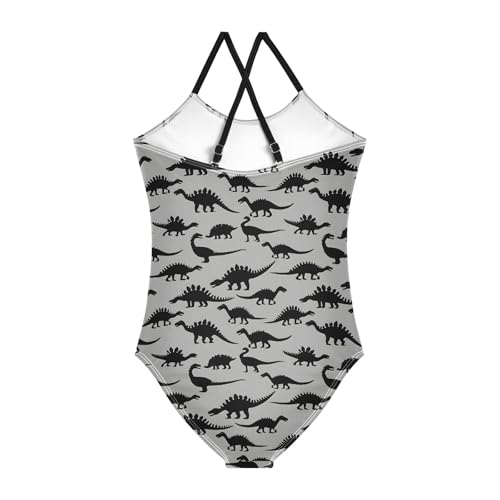 senya Girls Swimsuits One-Piece Swimwear Tie Bathing Suit Beach Summer Round Neck 7-8T Black Dinosaur Gray Pattern2