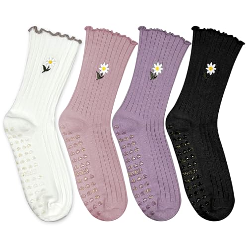 ERMO NKES Cute Floral Pattern Yoga Socks for Women – Breathable Grip Ankle Socks with Ruffle Top, US Size 5-9 (US, Alpha, One Size, Regular, Regular, White/Pink/purple/black)