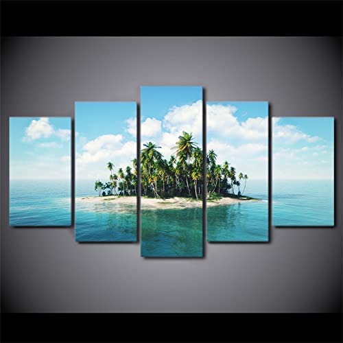 Quadro su tela Decorazioni tropicali moderne Arte da parete rosa Foglia di palma Oceano Spiaggia Immagini per pareti di paesaggi costieri per soggiorno 50x70 cm (19,7x27,6 pollici) x2 Senza cornice
