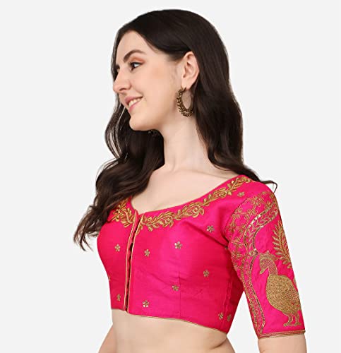 Image of Pujia Mills Women's Phantom Silk Embroidery Handwork & Sequin Work Peacock Design Half Sleeve Readymade Blouse (Mor Blouse Gold 38 Size+Margin)