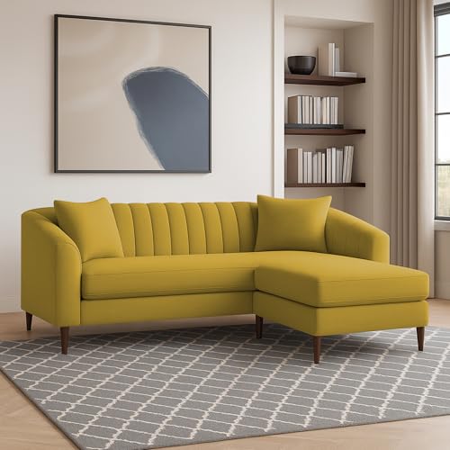 Image of Casaliving Doraldo 4 Seater L Shape Convertible Sofa Set for Living Room, 3 Seater & Ottoman Modular Sectional Couch for Small Space (Yellow Colour) Fabric