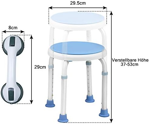 LZQ Shower Stool, Height Adjustable 36-51 cm and 360° Rotatable Bathroom Stool + 1 Piece Bath Handle, No Drilling Required