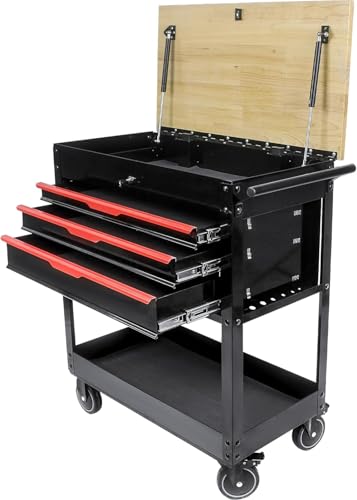 LULUINSHINE 3-Drawer Rolling Tool Chest Cabinet, 38-Inch Tool Box, Multifunction Tool Cart with Wheels and Wooden Top, Toolbox for Workshop Mechanics Garage (3 DRAWERS- BLACK AND RED)