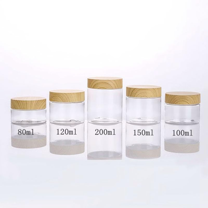 20 szt. plastikowych słoików do przechowywania 50 ml - 250 ml, przezroczysta butelka PET z uszczelnioną pokrywką PP z słojami drewna, przyprawy do spiżarni kuchennej (50 ml, 71 x 28 mm)