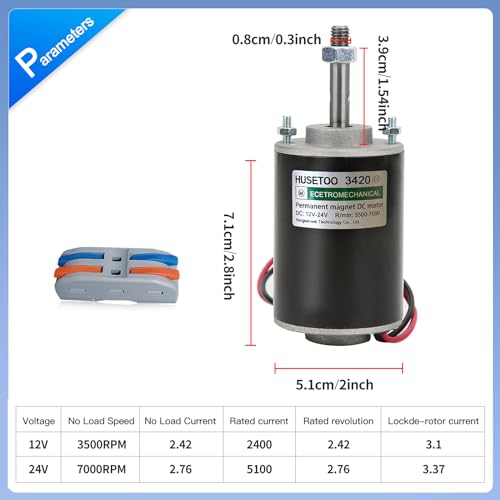 High Torque DC Motor 12V/24V, DIY Project Quiet Motor Permanent Magnet Motor with Cable Connector for Electric Motors and Generators, 30W CW/CCW 3500/7000RPM Motor （Threaded Rotating Shaft）