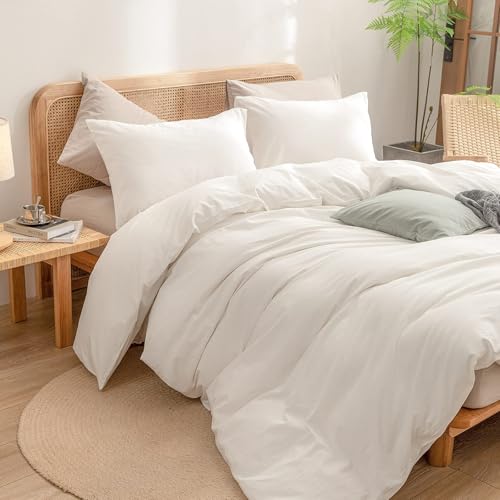 Image of BESTOUCH Cotton Solid Duvet Cover Set Linen Feel Off White Alaska King | 100% Washed Cotton, Soft Wrinkle Texture, Hidden Zipper, 8 Ties, Breathable Lightweight Durable Comfy, 3 Pcs No Insert