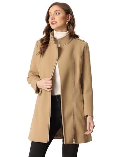 Allegra K High Neck Winter Coat for Women's Zip Up Belted Mid-Long Overcoat