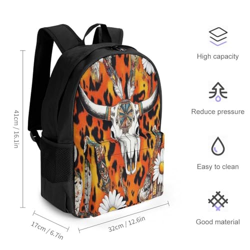 Womens Fashion Backpack, Cow Skull Leopard Print Daisy Western Floral Comfortable Versatile Commute Backpack with Side Pockets, Reusable Daypack for Travel2