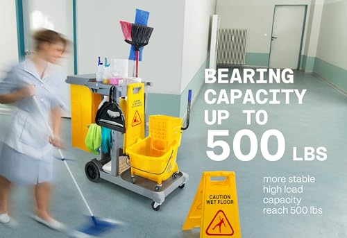 Commercial Janitorial Cart | 3 Shelves | 25 Gallon Vinyl Bag | Adjustable Shelf | 500 LBS Capacity