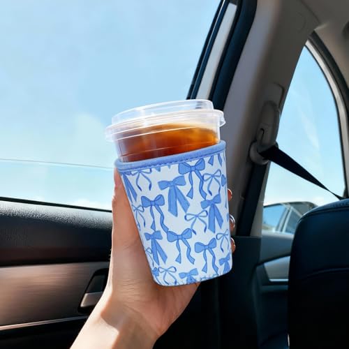 Image of Reusable Insulated Sleeve for Iced Coffee Cup, Coffee Neoprene Sleeve for Cold & Hot Drinks, Beverage Holder for Iced Coffee (Blue Bows, Large: 32oz)