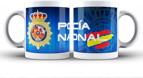 Genérico Taza Policía Nacional con escudo, fondo azul y bandera de España. Para desayuno, café o infusión. Se puede fregar y meter al microondas. De cerámica. Aguanta calor y frío