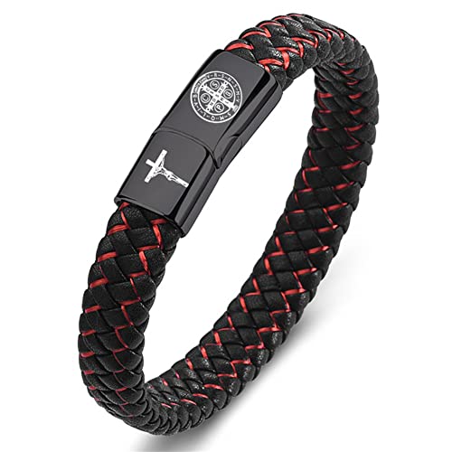 St. Benedict Cross Exorcism Bracelet Stainless Steel Crucifix Cuff Roman Catholic Leather Wristband Bangle Protection Amulet Jewelry Gift for Him, 8.46''