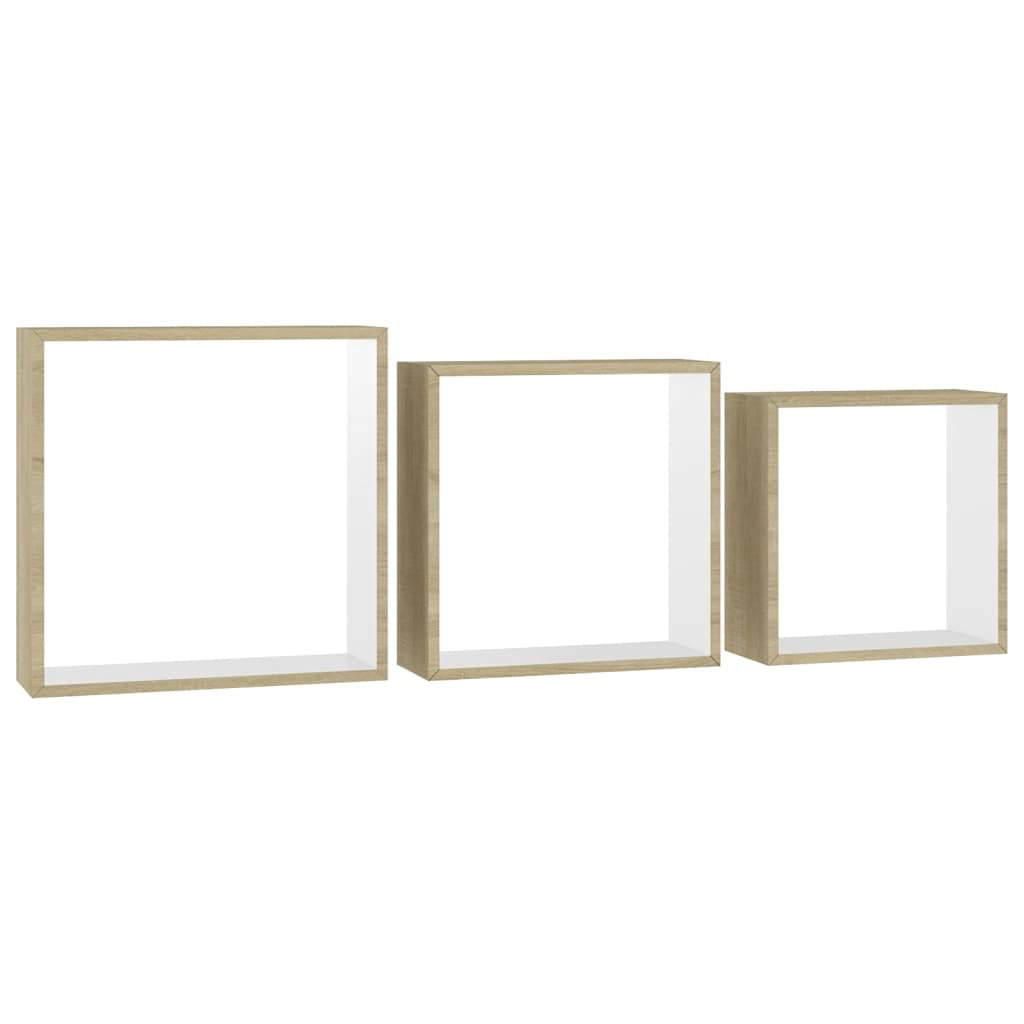 Floating Wall Cube Shelves, zestaw 3 sztuk, białe i dąb Sonoma, niewidoczny system mocowania, nowoczesna dekoracja do sypialni, salonu, biura, 30/27/24 cm