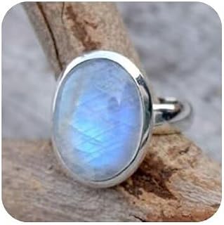QUSIIOSLK 925 Sterling Silver Rainbow Moonstone Ring for Women - Boho Oval Solitaire Natural Gemstone Jewelry Sizes 6-11