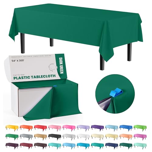 Image of Exquisite Party Solids 54 Inch X 300 Feet Dark Green Plastic Table Cover Roll in A Cut - to - Size Box with Convenient Slide Cutter. Cuts Up to 36 Rectangle 8 Feet Plastic Disposable Tablecloths