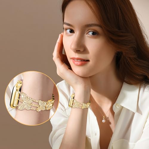 Image of Butterfly Band for Apple Watch Bands 40mm 41mm 42mm for Women Gold | 42mm(S11 /10) 38mm iWatch SE Series 11 10 9 8 7 6 5 4 3, Slim Thin Metal Fancy Bling Dressy Strap for Apple Watch Band-Gold