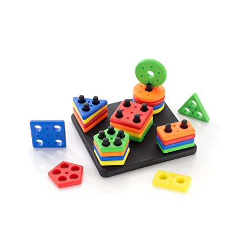 Image of LONGMIRE Plastic Building Blocks Angle Geometric Blocks Stacker Shape Sorter Column Puzzle Stacking Set Toys for 1 Year Old Kids Girl (Multi Color) (SEQAURE GEOMATRIC Block), Set Of 1