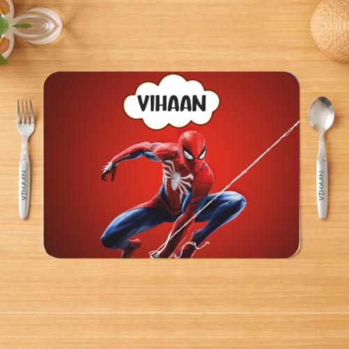 Image of Customized Table Mat with Name & Design Engraving | Personalized Dining Mat with Spoon & Fork | Customized Birthday Gift for Kids (Spidermen)