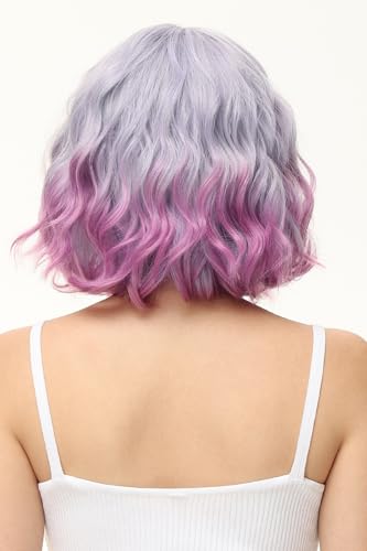 Image of Rose bud Wavy Bob Wig with Bangs Natural Light Purple to Rose Wig Synthetic Hair Shoulder Length Short Curly Wigs for Women