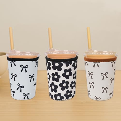Image of Reusable Insulated Neoprene Iced Coffee Cup Sleeve, Durable Drink Sleeve for Cold Beverages, Beverage Holder for Iced Coffee, Black Bow