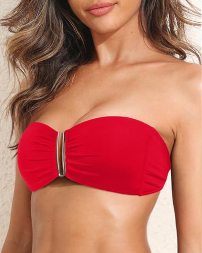 Image of Women Bandeau Bikini Top Strapless Swimsuit Top | Twist Front, Adjustable Straps, Non-Slip, Built-in Cups for Secure Fit